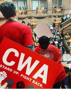 Photo Caption: In the Senate Higher Ed Committee (Photo: Mar 3 Lobby Day 4) GSEU members quietly cheer as the bill makes its way out of committee and moves to the Senate floor.